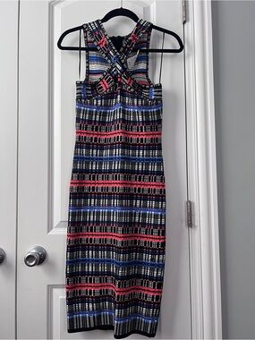 Windsor Striped Midi Bodycon Dress in Black, White, Blue & Coral
